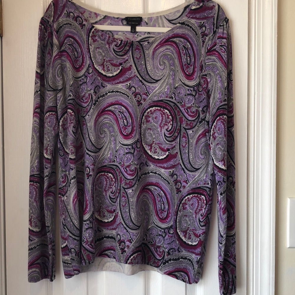 Purple and gray paisley Merino wool sweater